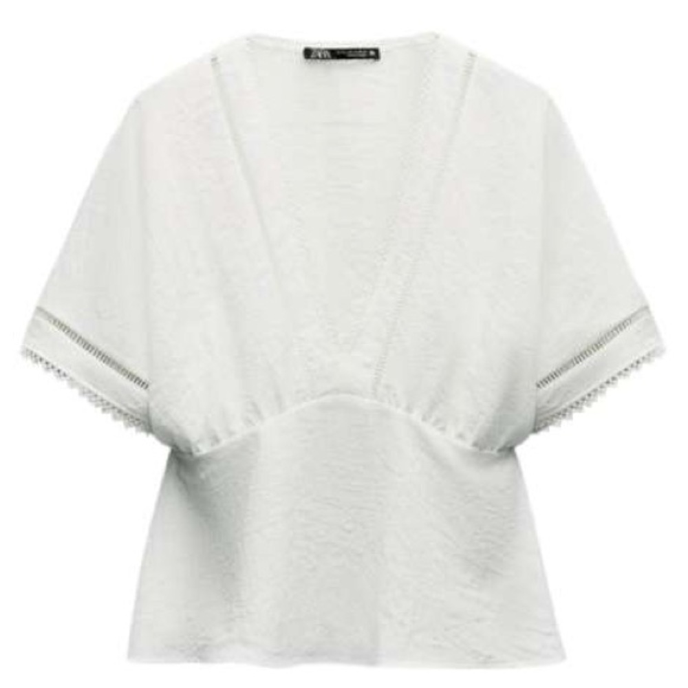NWT Zara White Short Sleeve V-Neck Lace Trim Peplum Blouse